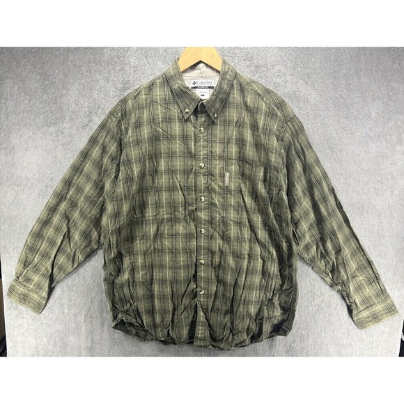 Columbia Men Large Button Down Shirt Green Gray Plaid Cotton Long Sleeve - Picture 1 of 5